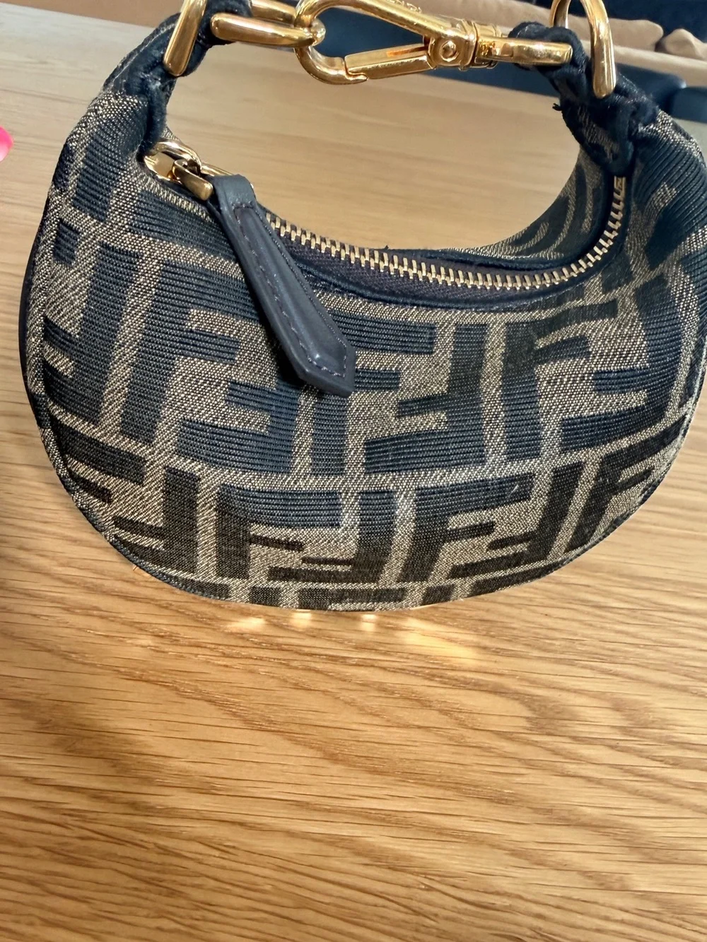 Fendi Black and Brown Monogram Zip Pouch with Gold Hardware